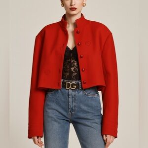 Rare Vintage David Hayes 100% Wool Red Cropped Jacket Heart Embroidery